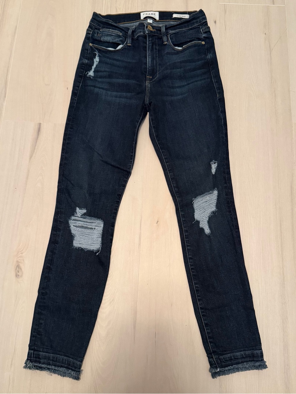 Frame Denim Dark Blue Skinny Jeans with Distressed Knees